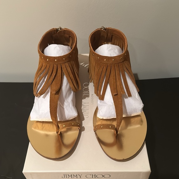 JIMMY CHOO LIKE NEW URIEL FRINGED ANKLE FLATS IN TAN SUEDE SIZE 38 - Picture 2 of 12